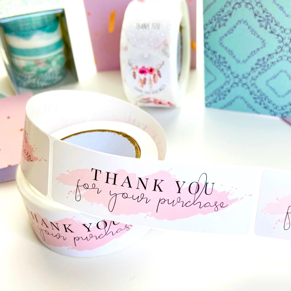 120pc  Rectangle Thank You Stickers. Pink Watercolour.